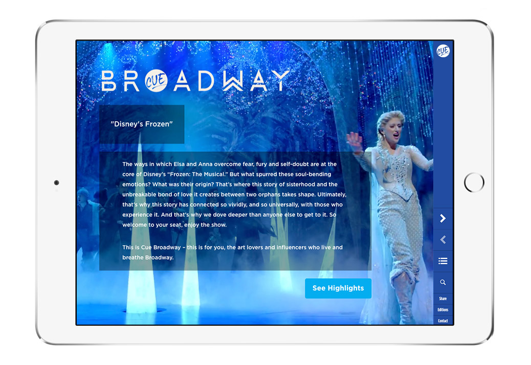 Cue Broadway Website Homepage with Disney's Frozen on an iPad