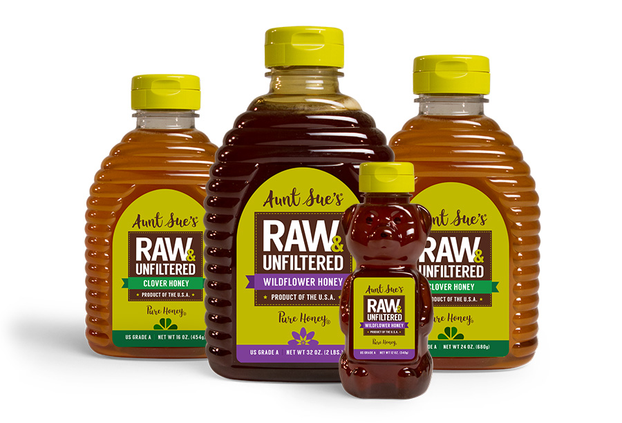 Aunt Sue's Raw & Unfiltered Honey Packaging