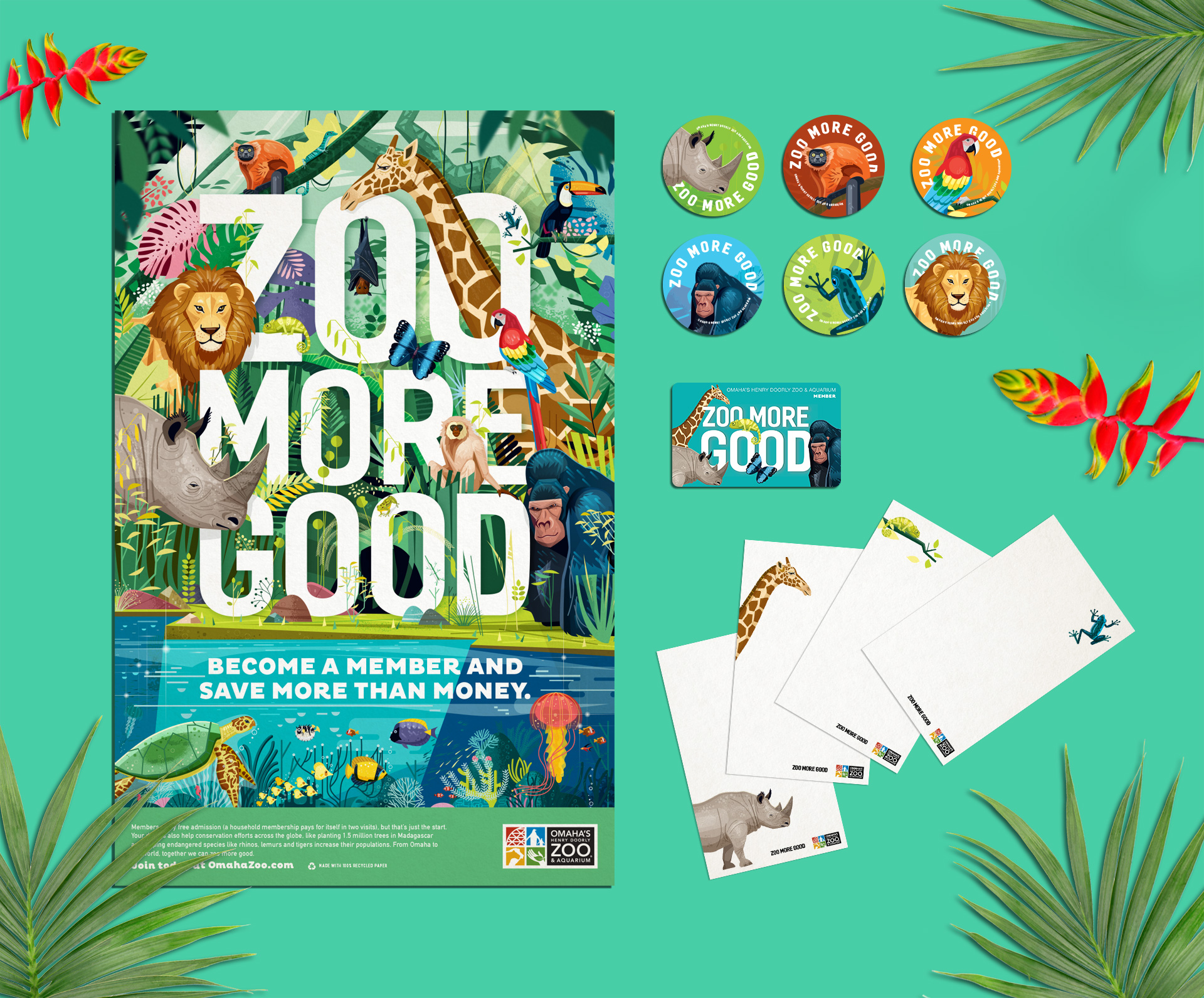 Zoo More Good Campaign Mockup with Poster, Buttons and Collateral