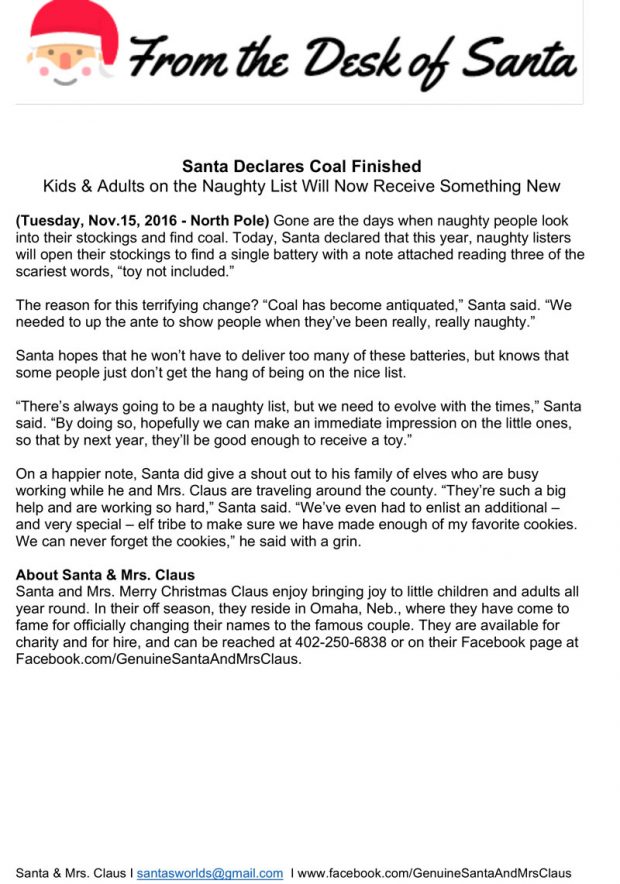 Santa and Merry Christmas Claus wanted a press release for their new mission of replacing coal with batteries for naughty kids
