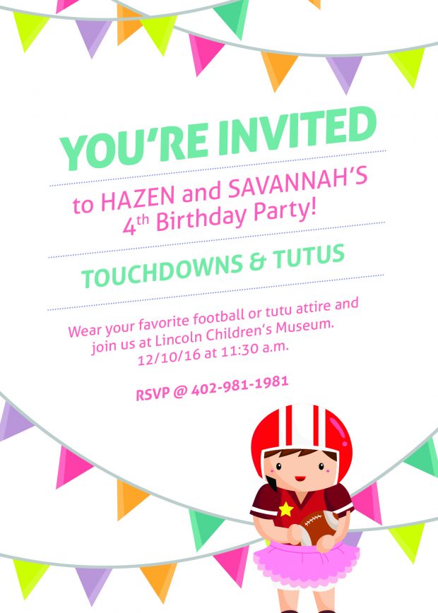 Michelle asked us for a birthday invite for her twins, Hazen and Savannah, with the theme touchdowns and tutus