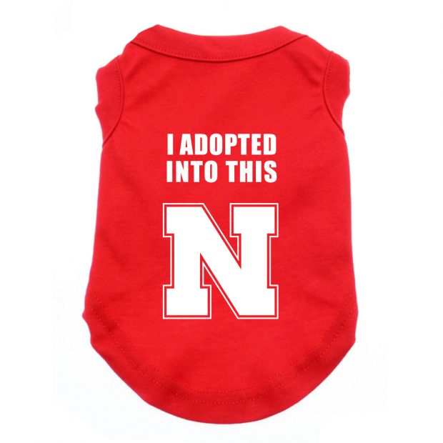 Malorie isn’t a true-blue (red?) Husker fan – she has a Husker shirt that says she “married into this” – so we made her dog a matching shirt design