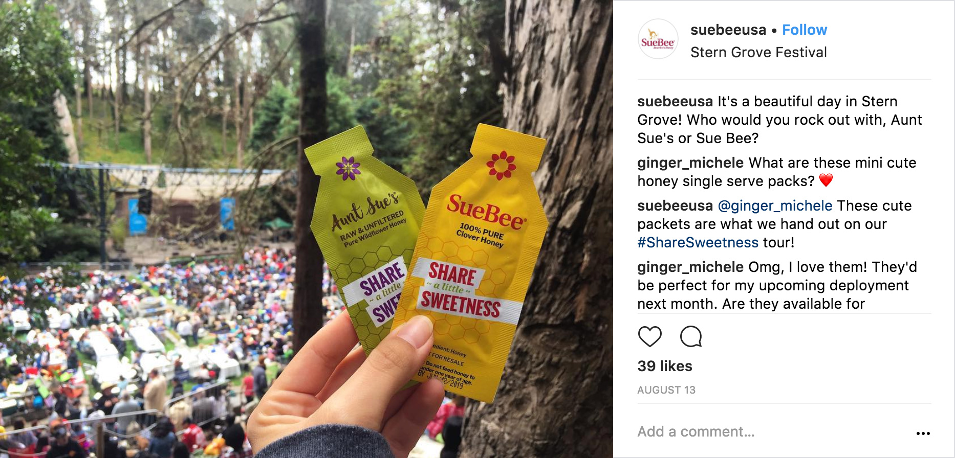 Instagram Post with Sue Bee and Aunt Sue's Honey Packets
