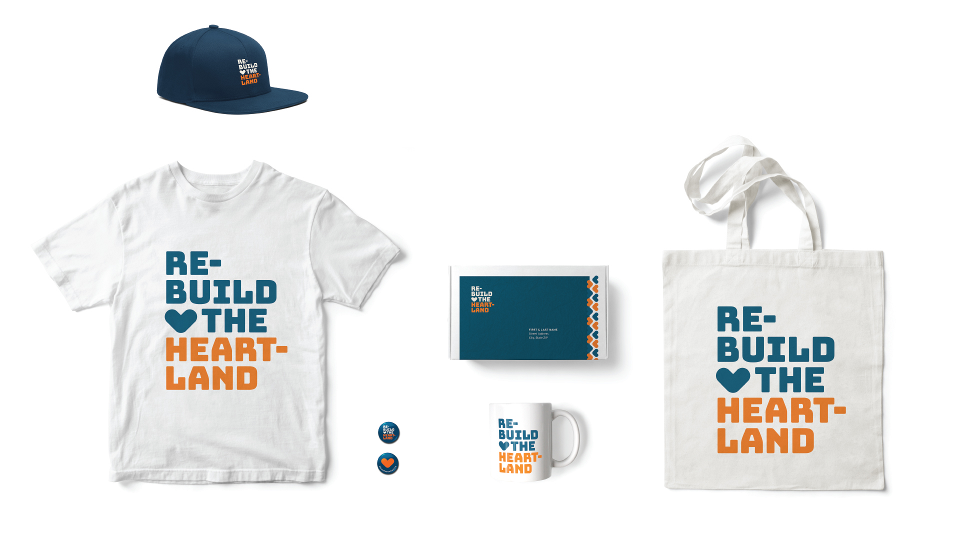 Rebuild the Heartland Collateral with hat, tshirt, bag, stickers and mug