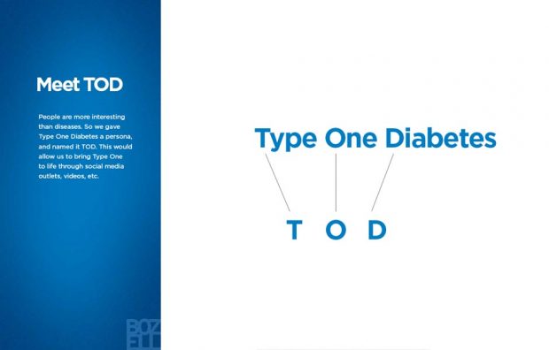 People are more interesting
than diseases. So we gave
Type One Diabetes a persona,
and named it TOD. This would
allow us to bring Type One
to life through social media
outlets, videos, etc.